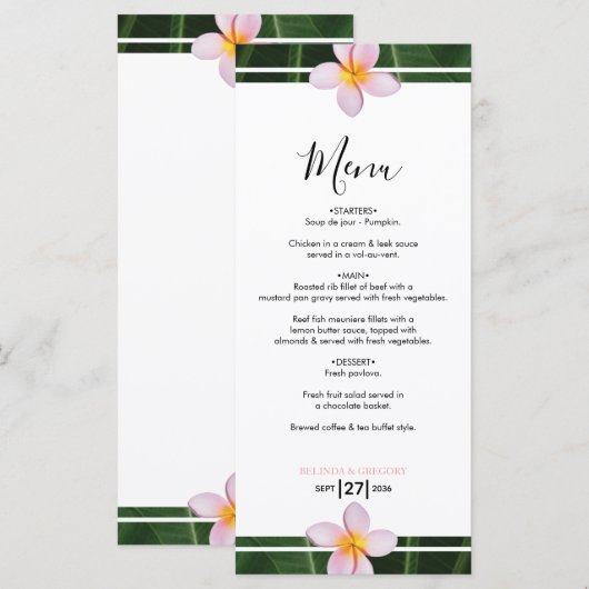 Pink Frangipani Plumeria Wedding Menu (Voorkant / Achterkant)