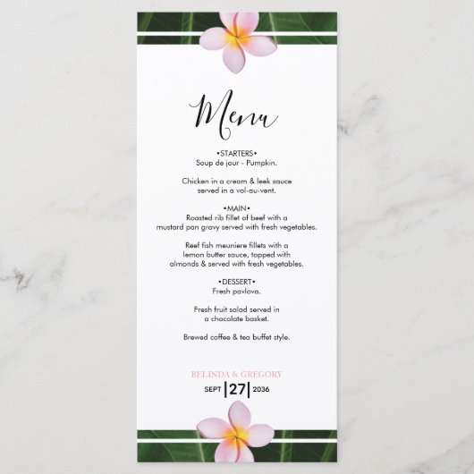 Pink Frangipani Plumeria Wedding Menu (Voorkant)