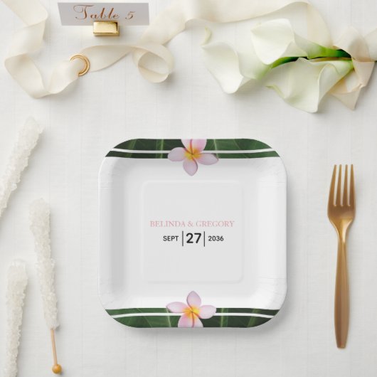 Pink Frangipani Plumeria Wedding Papieren Bordje (Huwelijk)