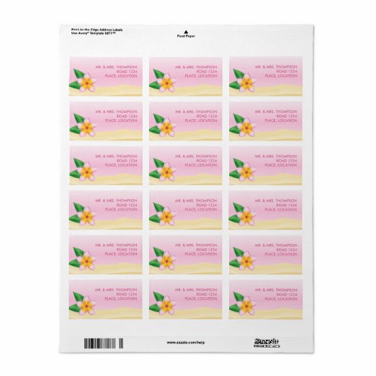 Pink Frangipani Tropical Flower Beach Wedding Etiket (Full Sheet)
