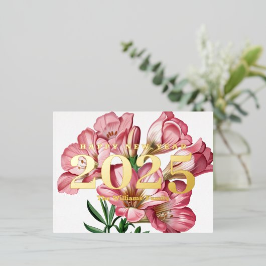 Pink Freesia Flower Gelukkig Nieuwjaar 2025 Goud Folie Feestdagen Briefkaart (Staand Voorkant)