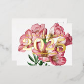 Pink Freesia Flower Gelukkig Nieuwjaar 2025 Goud Folie Feestdagen Briefkaart (Voorkant / Achterkant)