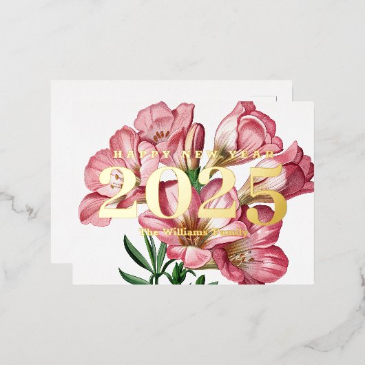 Pink Freesia Flower Gelukkig Nieuwjaar 2025 Goud Folie Feestdagen Briefkaart (Voorkant / Achterkant)