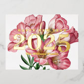 Pink Freesia Flower Gelukkig Nieuwjaar 2025 Goud Folie Feestdagen Briefkaart (Voorkant)