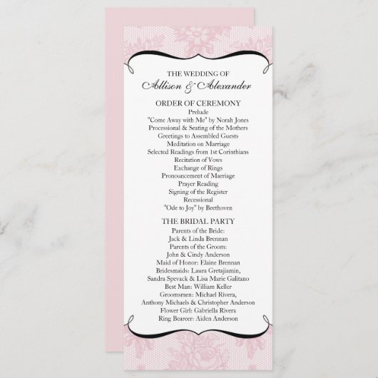 Pink French Lace Wedding Programme Programmakaart (Voorkant / Achterkant)