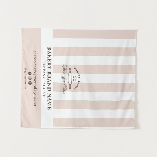 Pink French Stripes Bakery Logo Table Runner  Wandkleed (Voorkant (horizontaal))