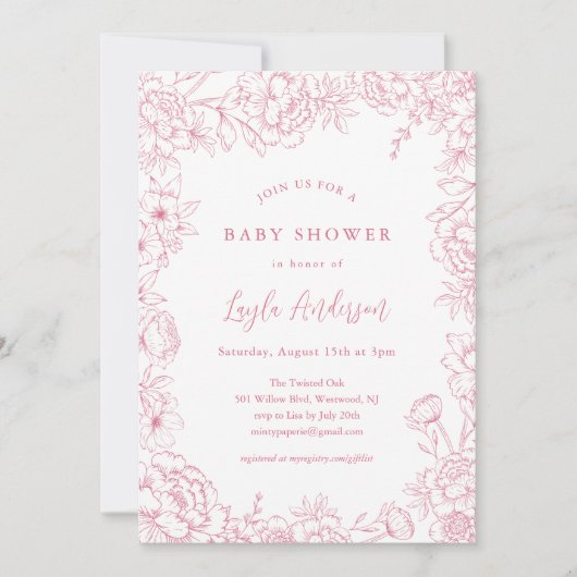 PINK FRENCH TOILE Baby shower Invitation Kaart (Voorkant)