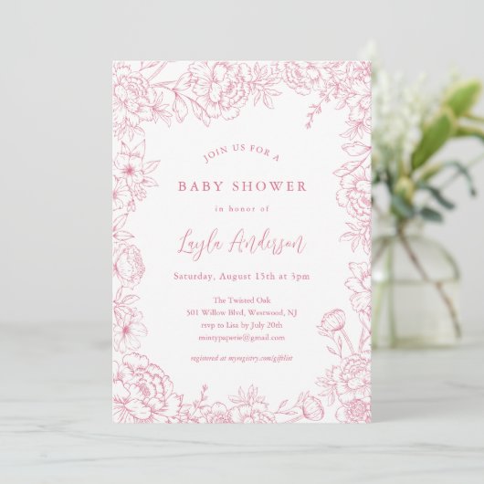 PINK FRENCH TOILE Baby shower Invitation Kaart (Staand voorkant)