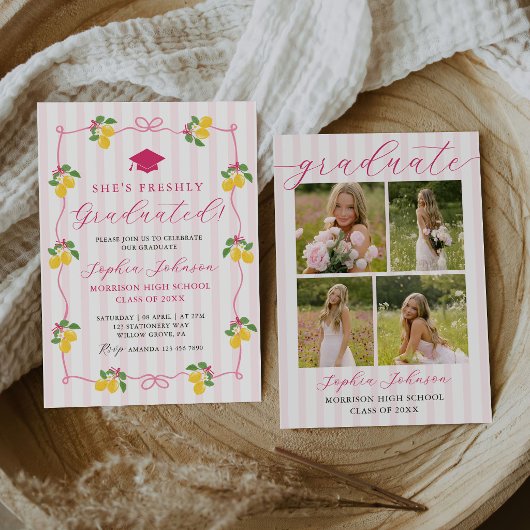 Pink Freshly Lemon Citrus Graduation Party Kaart