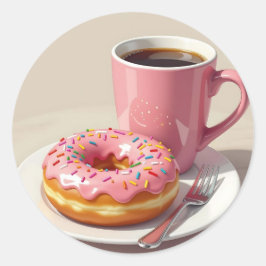 Pink Frosted Donut and Coffee  Ronde Sticker