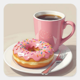 Pink Frosted Donut and Coffee  Vierkante Sticker
