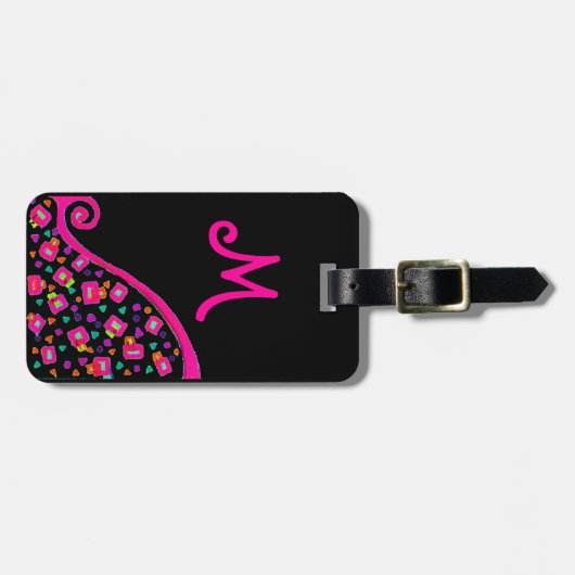 PINK FUCHSIA BLACK ABSTRACT DECO MONOGRAM BAGAGELABEL (Voorkant horizontaal)