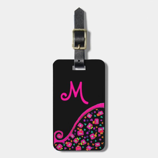 PINK FUCHSIA BLACK ABSTRACT DECO MONOGRAM BAGAGELABEL (Voorkant verticaal)