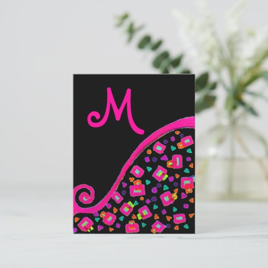 PINK FUCHSIA BLACK ABSTRACT DECO MONOGRAM BRIEFKAART (Staand voorkant)