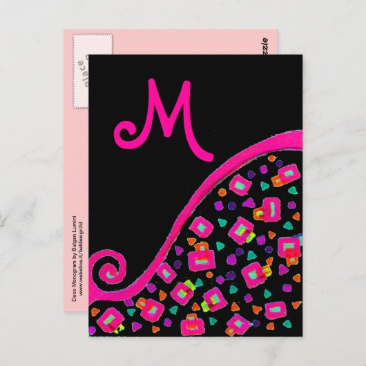 PINK FUCHSIA BLACK ABSTRACT DECO MONOGRAM BRIEFKAART (Voorkant / Achterkant)