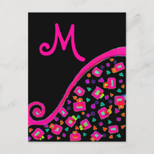 PINK FUCHSIA BLACK ABSTRACT DECO MONOGRAM BRIEFKAART