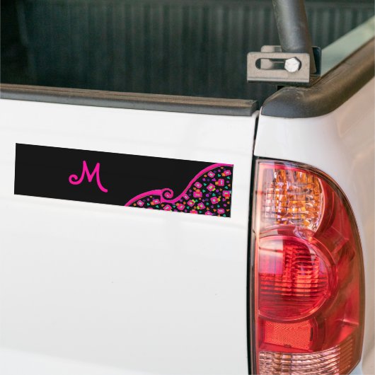 PINK FUCHSIA BLACK ABSTRACT DECO MONOGRAM BUMPERSTICKER (Op Truck)