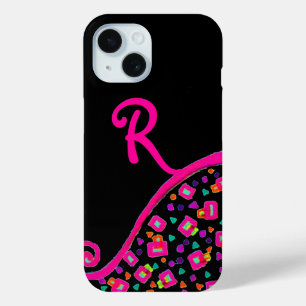 PINK FUCHSIA BLACK ABSTRACT DECO MONOGRAM iPhone 15 CASE