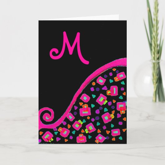 PINK FUCHSIA BLACK ABSTRACT DECO MONOGRAM FEESTDAGEN KAART (Voorkant)