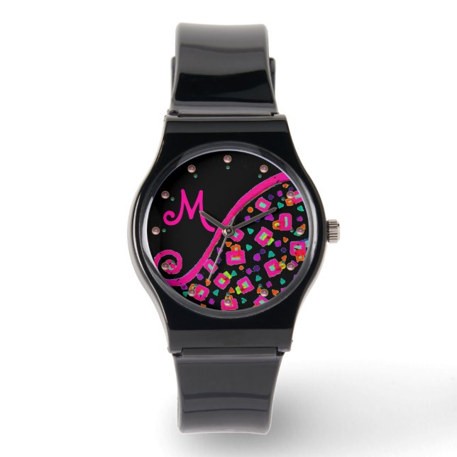 PINK FUCHSIA BLACK ABSTRACT DECO MONOGRAM HORLOGE (Voorkant)