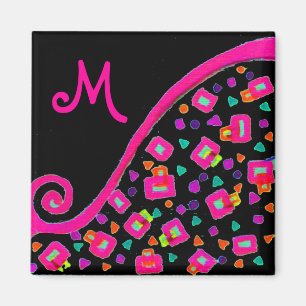 PINK FUCHSIA BLACK ABSTRACT DECO MONOGRAM MAGNEET