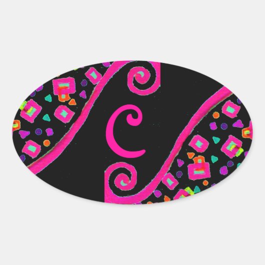 PINK FUCHSIA BLACK ABSTRACT DECO MONOGRAM OVALE STICKER (Voorkant)