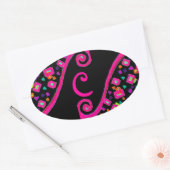 PINK FUCHSIA BLACK ABSTRACT DECO MONOGRAM OVALE STICKER (Envelop)