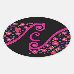 PINK FUCHSIA BLACK ABSTRACT DECO MONOGRAM OVALE STICKER