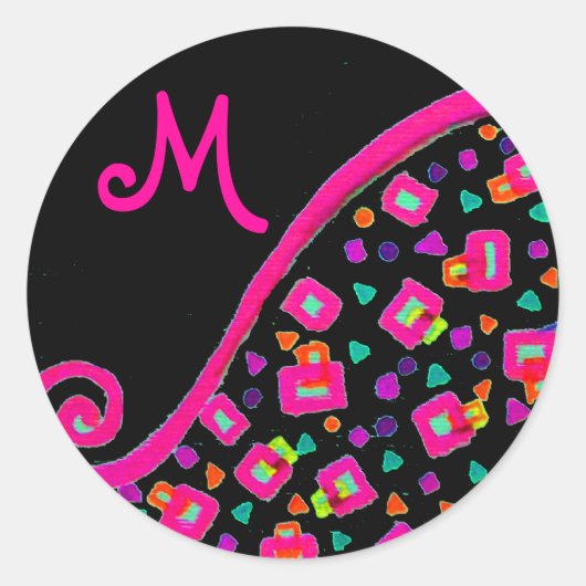 PINK FUCHSIA BLACK ABSTRACT DECO MONOGRAM RONDE STICKER (Voorkant)