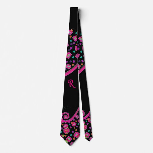 PINK FUCHSIA BLACK ABSTRACT DECO MONOGRAM STROPDAS (Voorkant)
