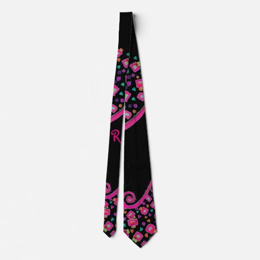 PINK FUCHSIA BLACK ABSTRACT DECO MONOGRAM STROPDAS (Achterkant)
