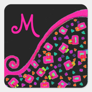 PINK FUCHSIA BLACK ABSTRACT DECO MONOGRAM VIERKANTE STICKER