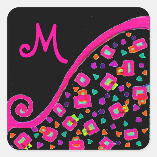 PINK FUCHSIA BLACK ABSTRACT DECO MONOGRAM VIERKANTE STICKER (Voorkant)