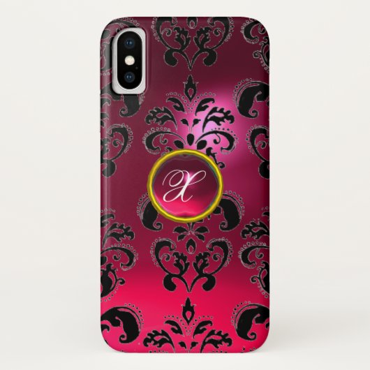 PINK FUCHSIA BLACK DAMASK GEMSTONE MONOGRAM Case-Mate iPhone CASE (Achterkant)