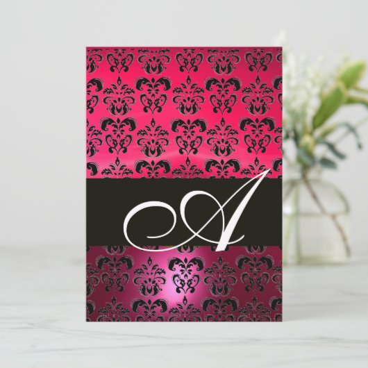 PINK FUCHSIA BLACK DAMASK MONOGRAM, helder wit Kaart (Staand voorkant)