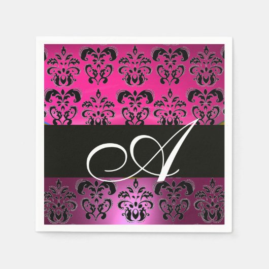 PINK, FUCHSIA BLACK, PAARSE DAMASKWITMONOGRAM SERVET (Voorkant)