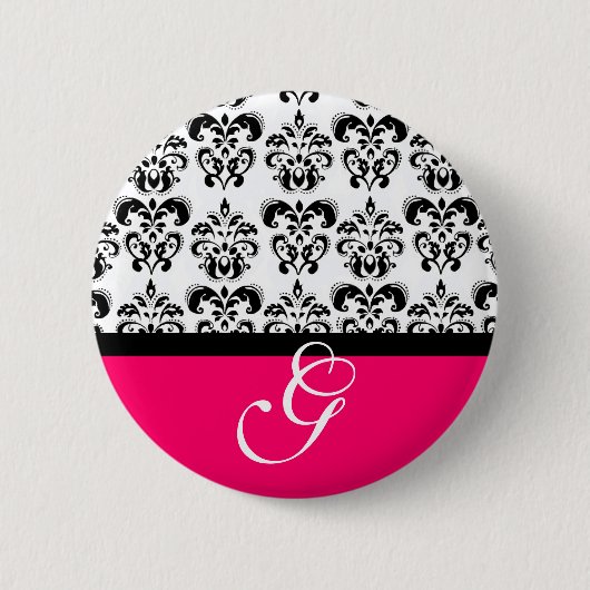 PINK FUCHSIA BLACK WHITE DAMASK WEDDING MONOGRAM RONDE BUTTON 5,7 CM (Voorkant)