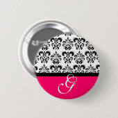 PINK FUCHSIA BLACK WHITE DAMASK WEDDING MONOGRAM RONDE BUTTON 5,7 CM (Voorkant /achterkant)