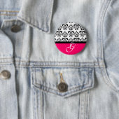 PINK FUCHSIA BLACK WHITE DAMASK WEDDING MONOGRAM RONDE BUTTON 5,7 CM (In situ)
