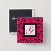 PINK FUCHSIA DAMASK WHITE SQUARE MONOGRAM VIERKANTE BUTTON 5,1 CM (Voorkant /achterkant)