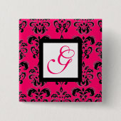 PINK FUCHSIA DAMASK WHITE SQUARE MONOGRAM VIERKANTE BUTTON 5,1 CM (Voorkant)