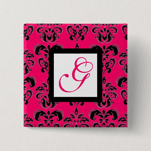 PINK FUCHSIA DAMASK WHITE SQUARE MONOGRAM VIERKANTE BUTTON 5,1 CM (Voorkant)