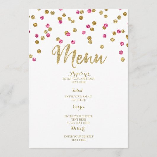 Pink Fuchsia Gold Confetti Wedding Menu (Voorkant)