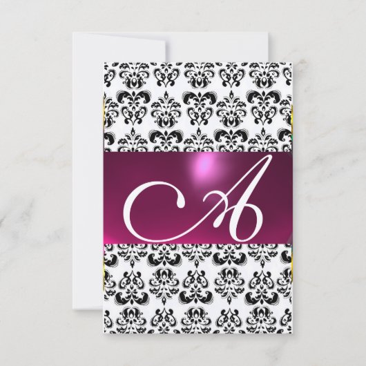 PINK FUCHSIA GOLD DAMASK GEM MONOGRAM paars rsvp Kaart (Voorkant)