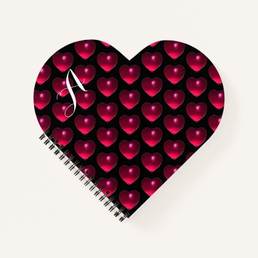 PINK FUCHSIA HEARTS, BLACK Valentijnsdag Monogram Notitieboek (Voorkant)