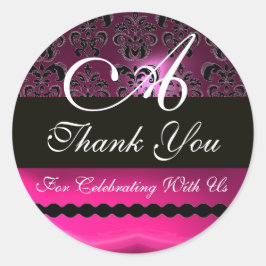 PINK FUCHSIA PAARS DAMASK MONOGRAM, violet Ronde Sticker
