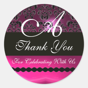 PINK FUCHSIA PAARS DAMASK MONOGRAM, violet Ronde Sticker