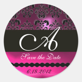 PINK FUCHSIA PAARS DAMASK MONOGRAM, violet Ronde Sticker