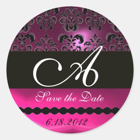 PINK FUCHSIA PAARS DAMASK MONOGRAM, violet Ronde Sticker (Voorkant)