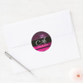 PINK FUCHSIA PAARS DAMASK MONOGRAM, violet Ronde Sticker (Envelop)